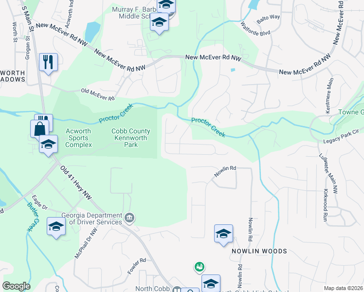 map of restaurants, bars, coffee shops, grocery stores, and more near 4138 McEver Park Drive in Acworth