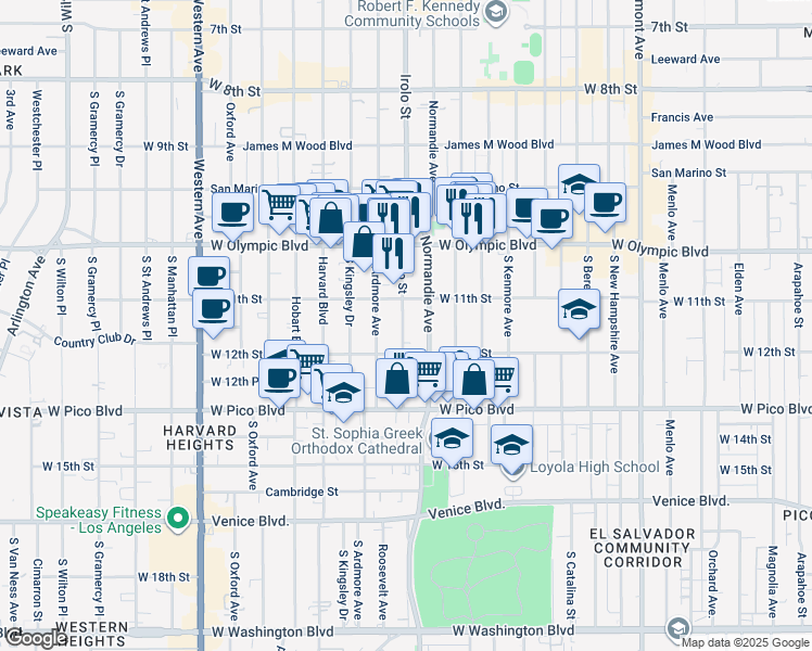 map of restaurants, bars, coffee shops, grocery stores, and more near 1128 Irolo Street in Los Angeles