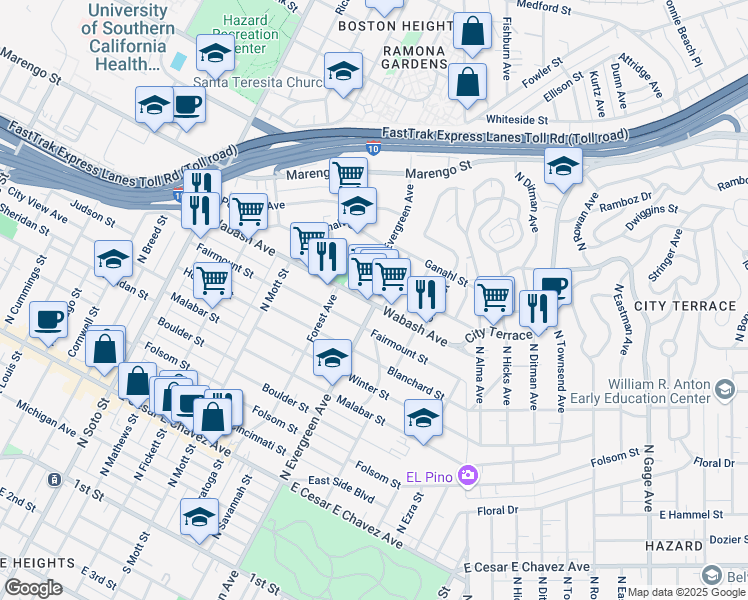 map of restaurants, bars, coffee shops, grocery stores, and more near 2832 Wabash Avenue in Los Angeles