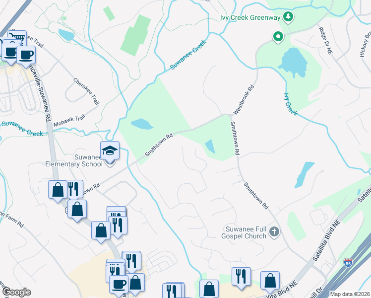 map of restaurants, bars, coffee shops, grocery stores, and more near 3835 Ansley Park Drive in Suwanee