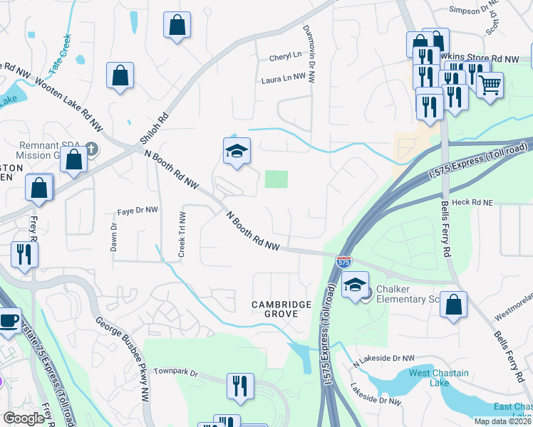 map of restaurants, bars, coffee shops, grocery stores, and more near 4006 Maxanne Drive Northwest in Kennesaw