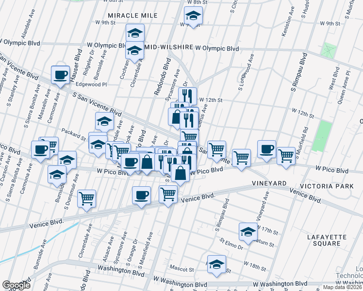 map of restaurants, bars, coffee shops, grocery stores, and more near 1315 South Mansfield Avenue in Los Angeles