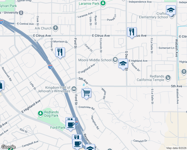 map of restaurants, bars, coffee shops, grocery stores, and more near 1452 Moore Street in Redlands