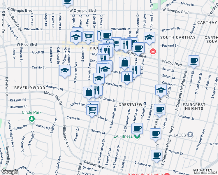 map of restaurants, bars, coffee shops, grocery stores, and more near 1613 South Wooster Street in Los Angeles