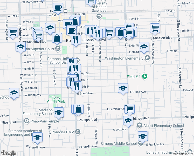 map of restaurants, bars, coffee shops, grocery stores, and more near 435 East 11th Street in Pomona