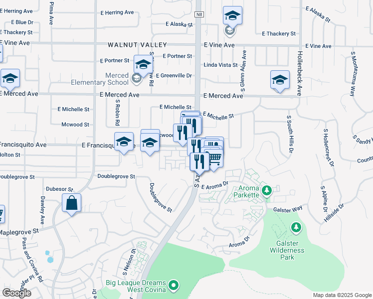 map of restaurants, bars, coffee shops, grocery stores, and more near 1443 Bridgeport in West Covina