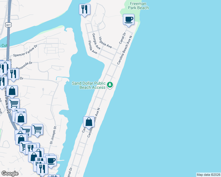map of restaurants, bars, coffee shops, grocery stores, and more near 1300 Carolina Beach Avenue North in Carolina Beach