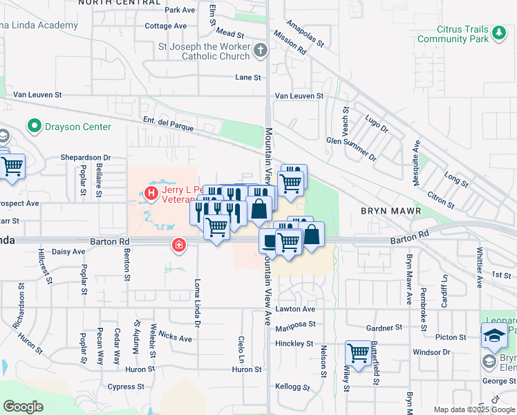map of restaurants, bars, coffee shops, grocery stores, and more near 25695 Prospect Avenue in Loma Linda