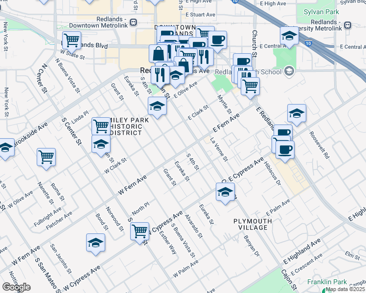 map of restaurants, bars, coffee shops, grocery stores, and more near 108 West Fern Avenue in Redlands
