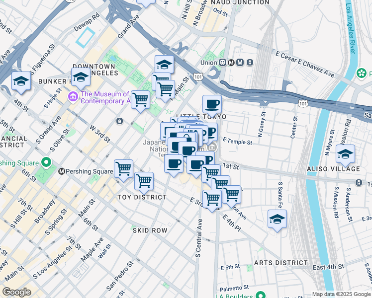map of restaurants, bars, coffee shops, grocery stores, and more near in Los Angeles