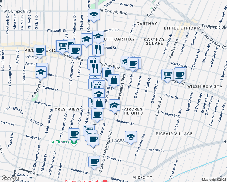 map of restaurants, bars, coffee shops, grocery stores, and more near 6074 Cashio Street in Los Angeles