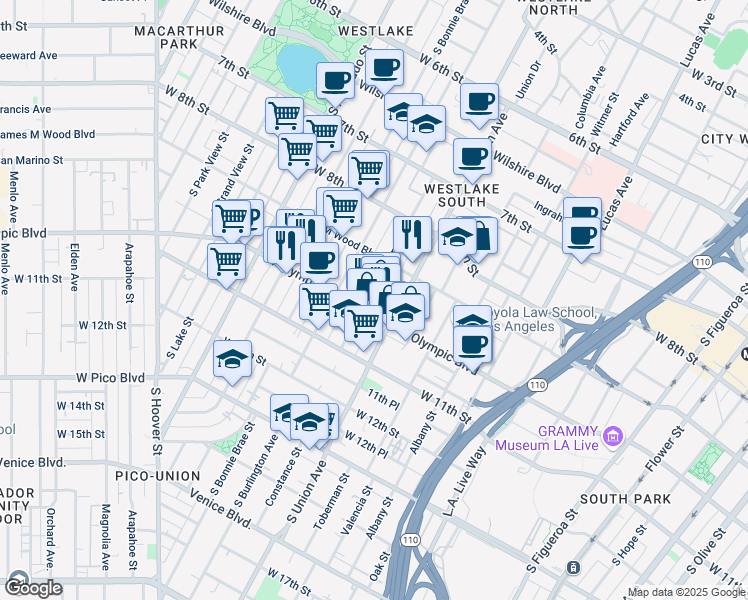 map of restaurants, bars, coffee shops, grocery stores, and more near 1663 West Olympic Boulevard in Los Angeles