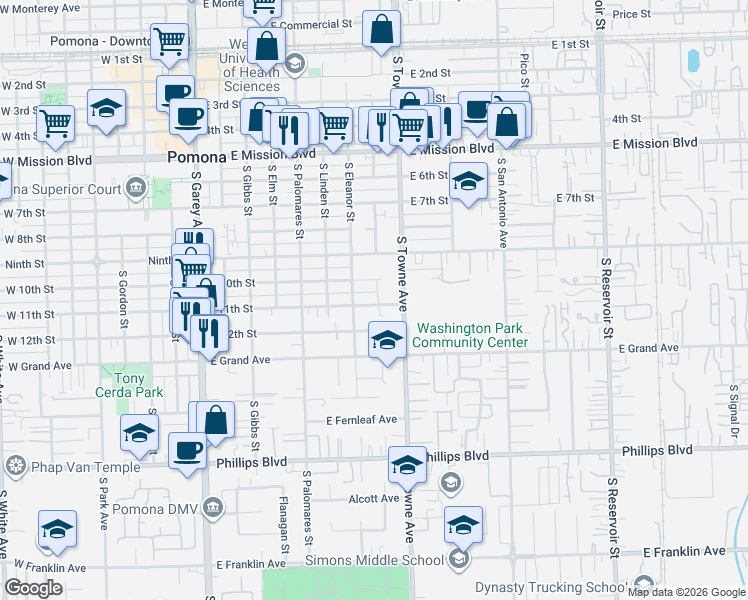 map of restaurants, bars, coffee shops, grocery stores, and more near 743 East 11th Street in Pomona