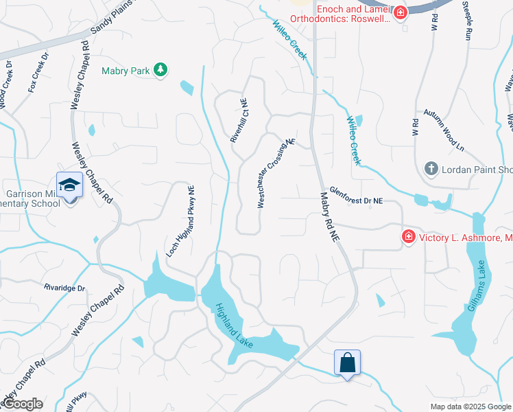 map of restaurants, bars, coffee shops, grocery stores, and more near 4167 Westchester Crossing Northeast in Roswell