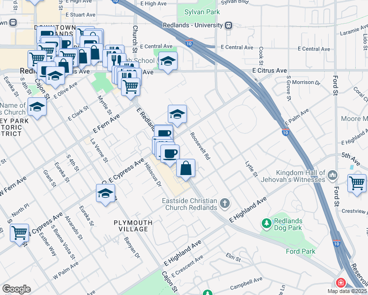 map of restaurants, bars, coffee shops, grocery stores, and more near 620 Orchard Drive in Redlands