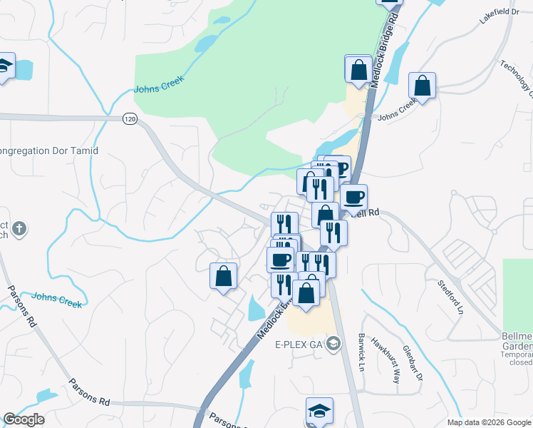 map of restaurants, bars, coffee shops, grocery stores, and more near 859 Millwork Circle in Johns Creek