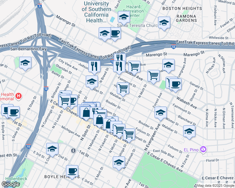 map of restaurants, bars, coffee shops, grocery stores, and more near 2437 Malabar Street in Los Angeles