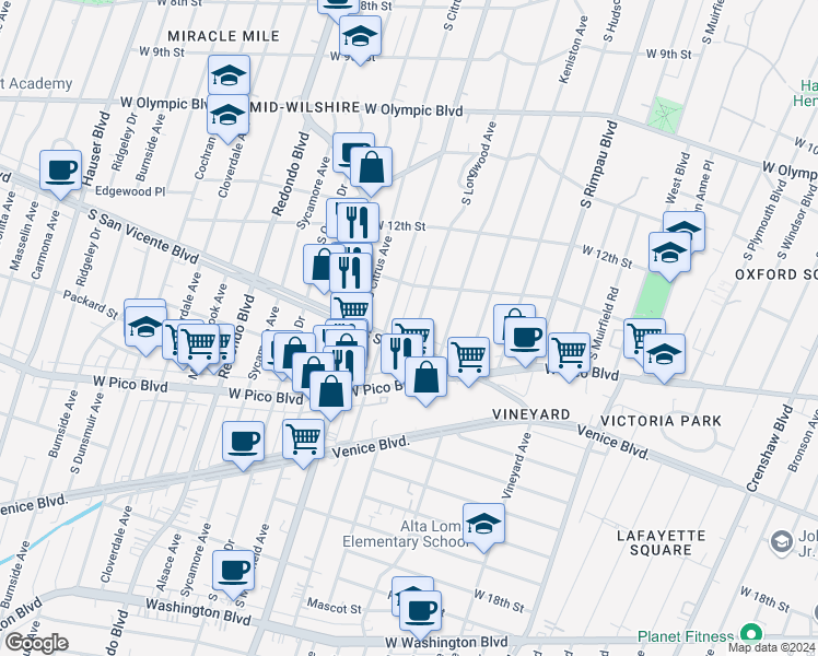 map of restaurants, bars, coffee shops, grocery stores, and more near 1349 South Longwood Avenue in Los Angeles