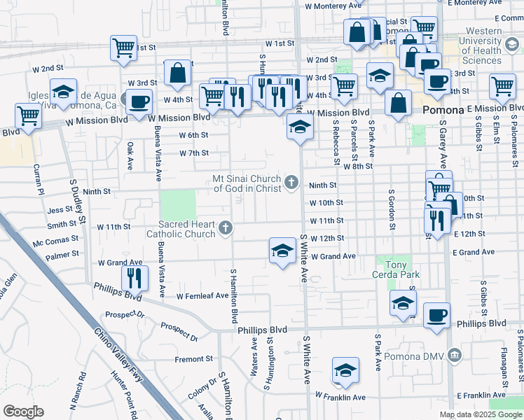 map of restaurants, bars, coffee shops, grocery stores, and more near 1064 Waters Avenue in Pomona