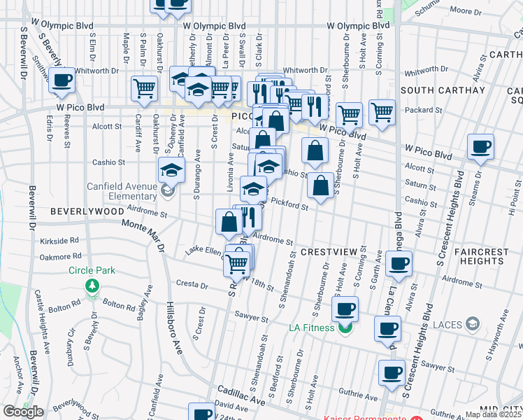 map of restaurants, bars, coffee shops, grocery stores, and more near 1641 Preuss Road in Los Angeles