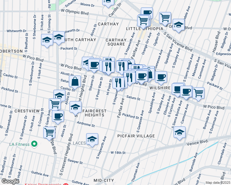 map of restaurants, bars, coffee shops, grocery stores, and more near 1455 South Hayworth Avenue in Los Angeles