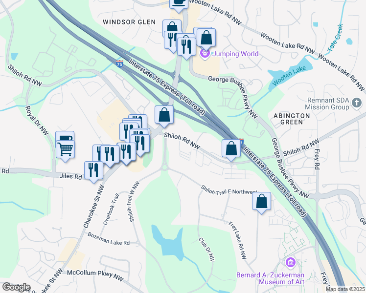 map of restaurants, bars, coffee shops, grocery stores, and more near 1465 Shiloh Road Northwest in Kennesaw