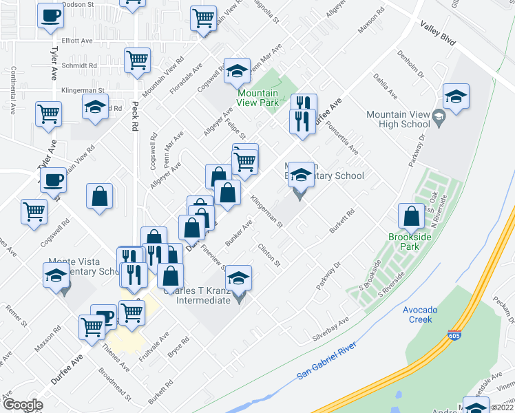 map of restaurants, bars, coffee shops, grocery stores, and more near 12330 Klingerman Street in El Monte