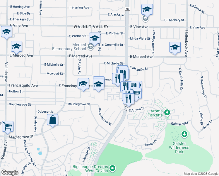 map of restaurants, bars, coffee shops, grocery stores, and more near 1649 Bridgeport in West Covina