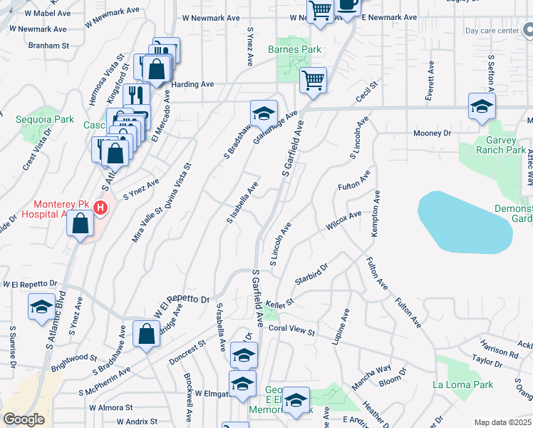 map of restaurants, bars, coffee shops, grocery stores, and more near 1059 South Garfield Avenue in Monterey Park