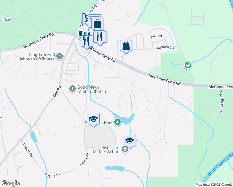 map of restaurants, bars, coffee shops, grocery stores, and more near 520 Midhurst Place in Suwanee