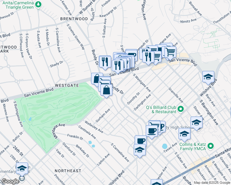 map of restaurants, bars, coffee shops, grocery stores, and more near 809 South Bundy Drive in Los Angeles