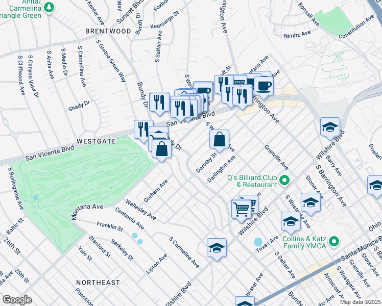 map of restaurants, bars, coffee shops, grocery stores, and more near 836 South Bundy Drive in Los Angeles