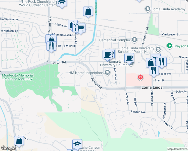 map of restaurants, bars, coffee shops, grocery stores, and more near 11216 Rosarita Drive in Loma Linda