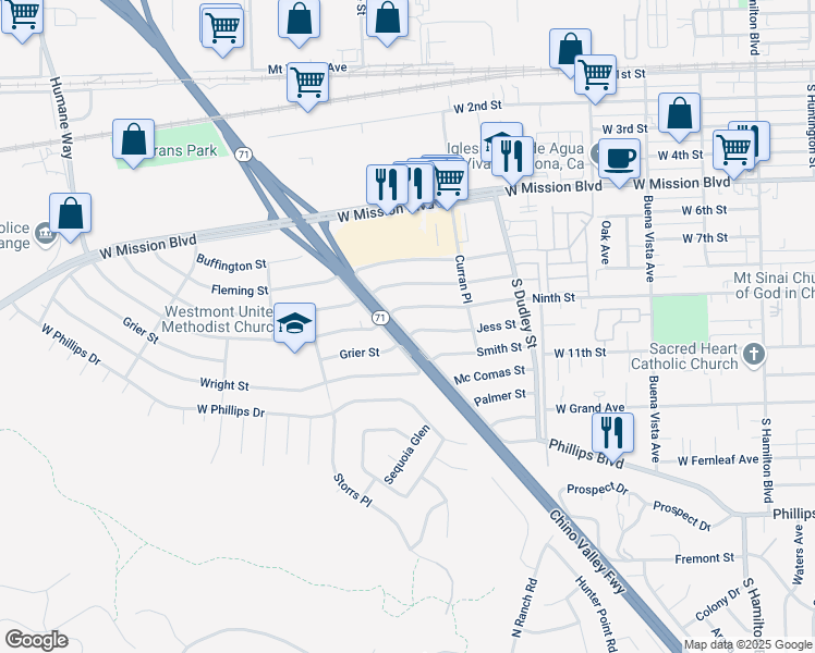 map of restaurants, bars, coffee shops, grocery stores, and more near 1693 Jess Street in Pomona