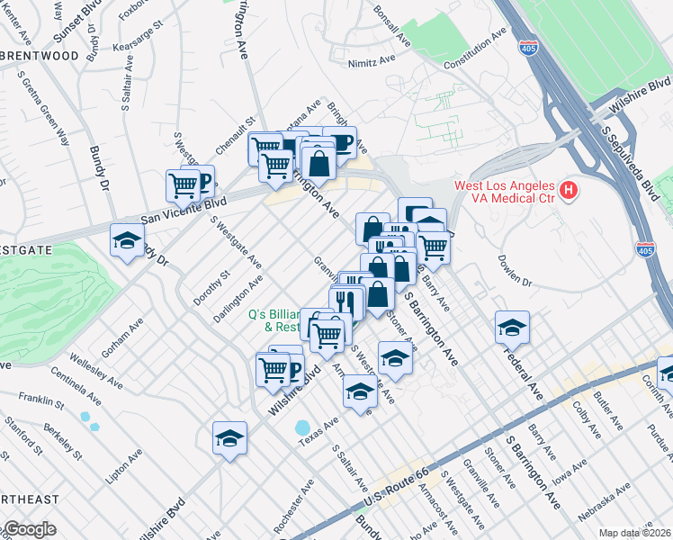 map of restaurants, bars, coffee shops, grocery stores, and more near 11757 Kiowa Avenue in Los Angeles