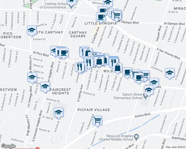 map of restaurants, bars, coffee shops, grocery stores, and more near 1436 South Orange Grove Avenue in Los Angeles