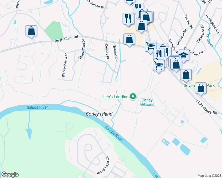 map of restaurants, bars, coffee shops, grocery stores, and more near 310 Spartan Drive in Columbia