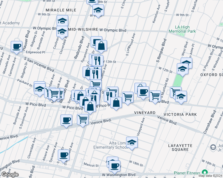 map of restaurants, bars, coffee shops, grocery stores, and more near 1349 South Longwood Avenue in Los Angeles
