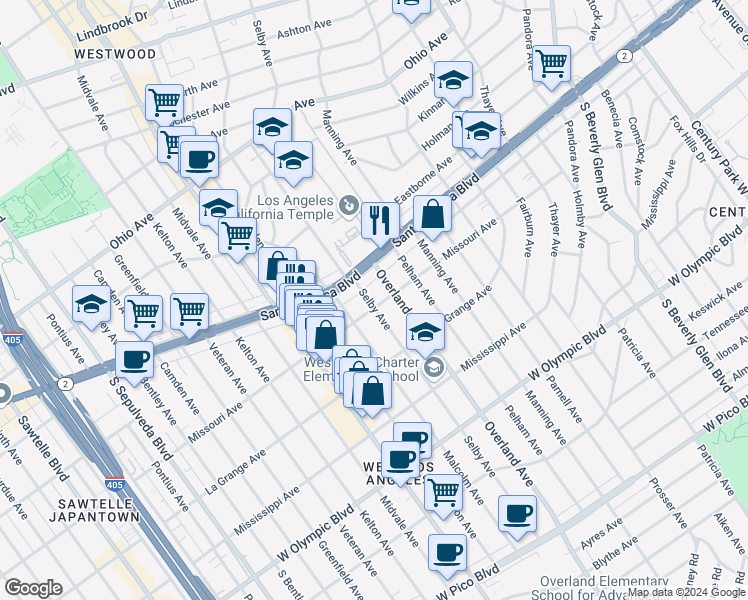 map of restaurants, bars, coffee shops, grocery stores, and more near in Los Angeles County
