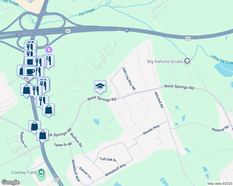 map of restaurants, bars, coffee shops, grocery stores, and more near 2660 Pine Log Way in Buford