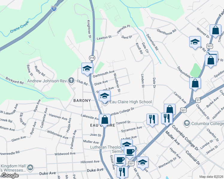 map of restaurants, bars, coffee shops, grocery stores, and more near 710 Summit Avenue in Columbia