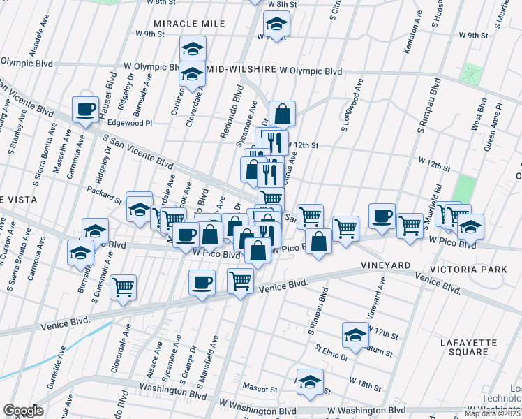 map of restaurants, bars, coffee shops, grocery stores, and more near 4956 South San Vicente Boulevard in Los Angeles