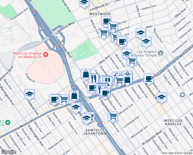map of restaurants, bars, coffee shops, grocery stores, and more near 11033 Massachusetts Avenue in Los Angeles