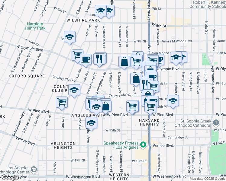 map of restaurants, bars, coffee shops, grocery stores, and more near 1130 South Wilton Place in Los Angeles