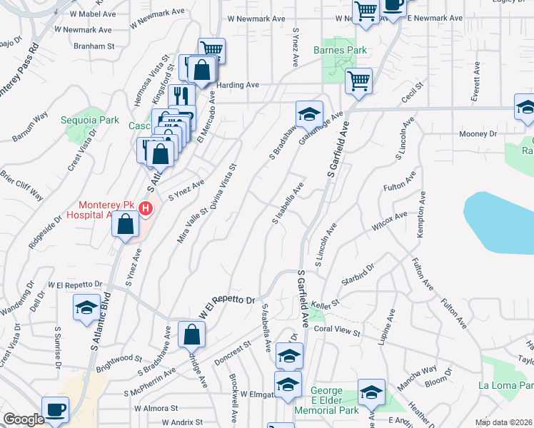 map of restaurants, bars, coffee shops, grocery stores, and more near 1004 Grandridge Avenue in Monterey Park