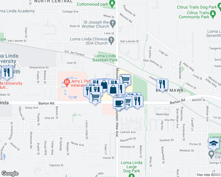map of restaurants, bars, coffee shops, grocery stores, and more near 25645 Prospect Avenue in Loma Linda
