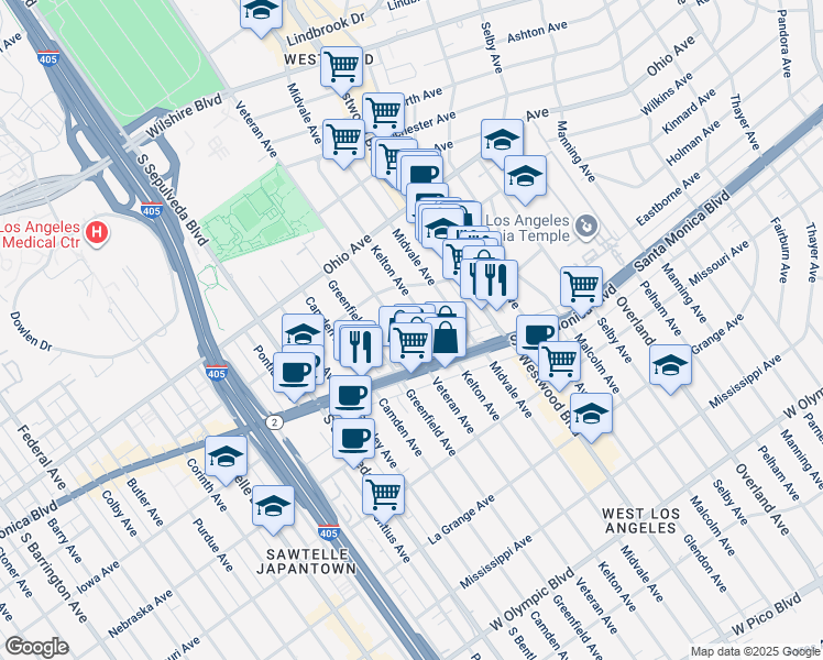 map of restaurants, bars, coffee shops, grocery stores, and more near 1650 Veteran Avenue in Los Angeles