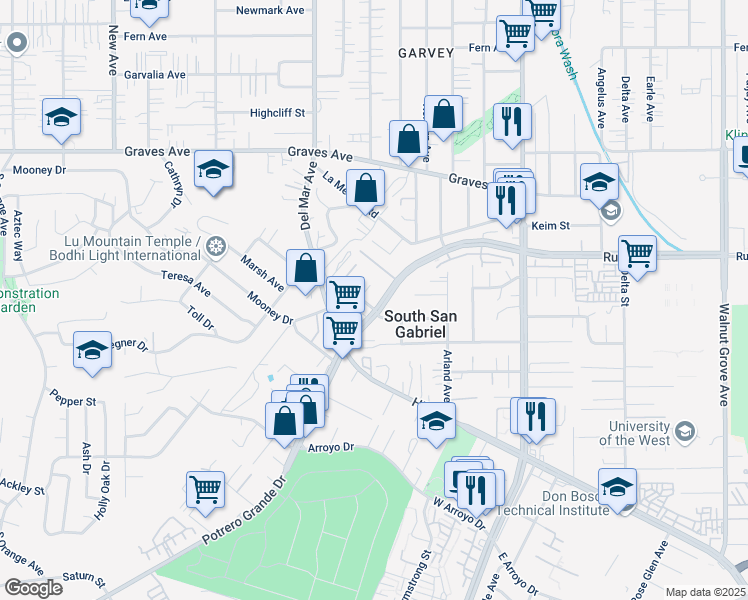map of restaurants, bars, coffee shops, grocery stores, and more near 7835 Nannestad Street in Rosemead