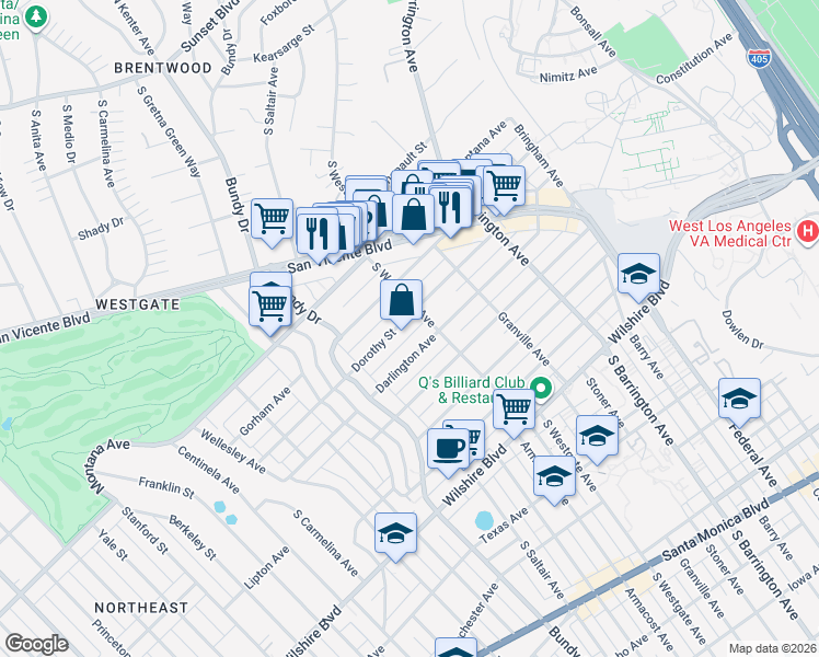 map of restaurants, bars, coffee shops, grocery stores, and more near 11920 Dorothy Street in Los Angeles