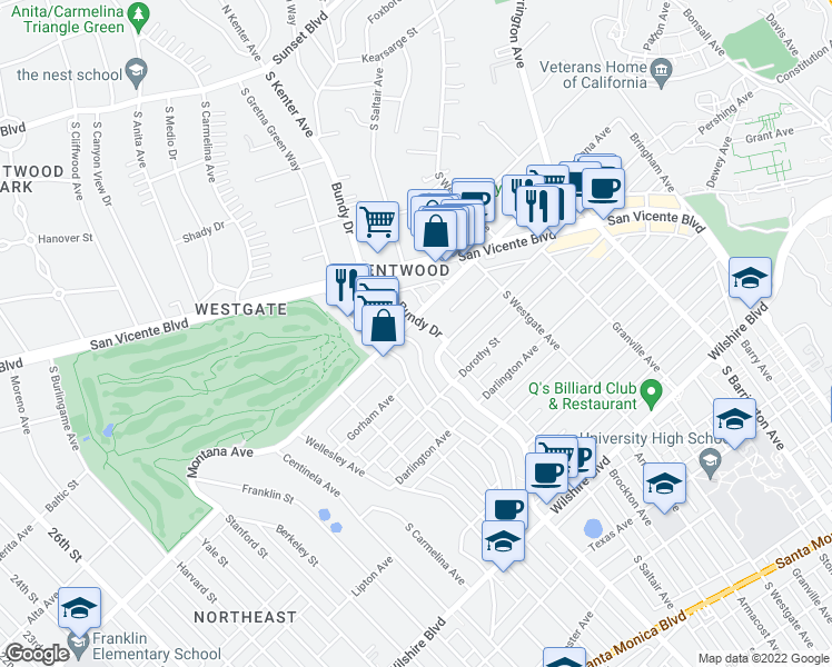 map of restaurants, bars, coffee shops, grocery stores, and more near 12160 Montana Avenue in Los Angeles
